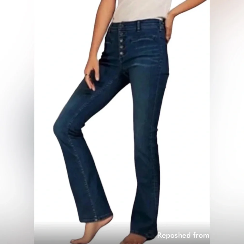 Free People Kaye Mid Rise Flare Jean Dark Wash Exposed Button Fly Size 30